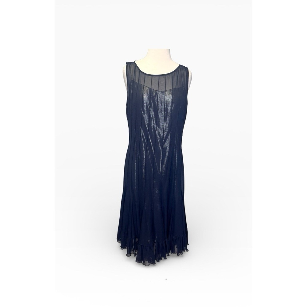 Teri Jon by Rickie Freeman Silk Midi Length Dress Navy Blue Silver Ruffle sz 10